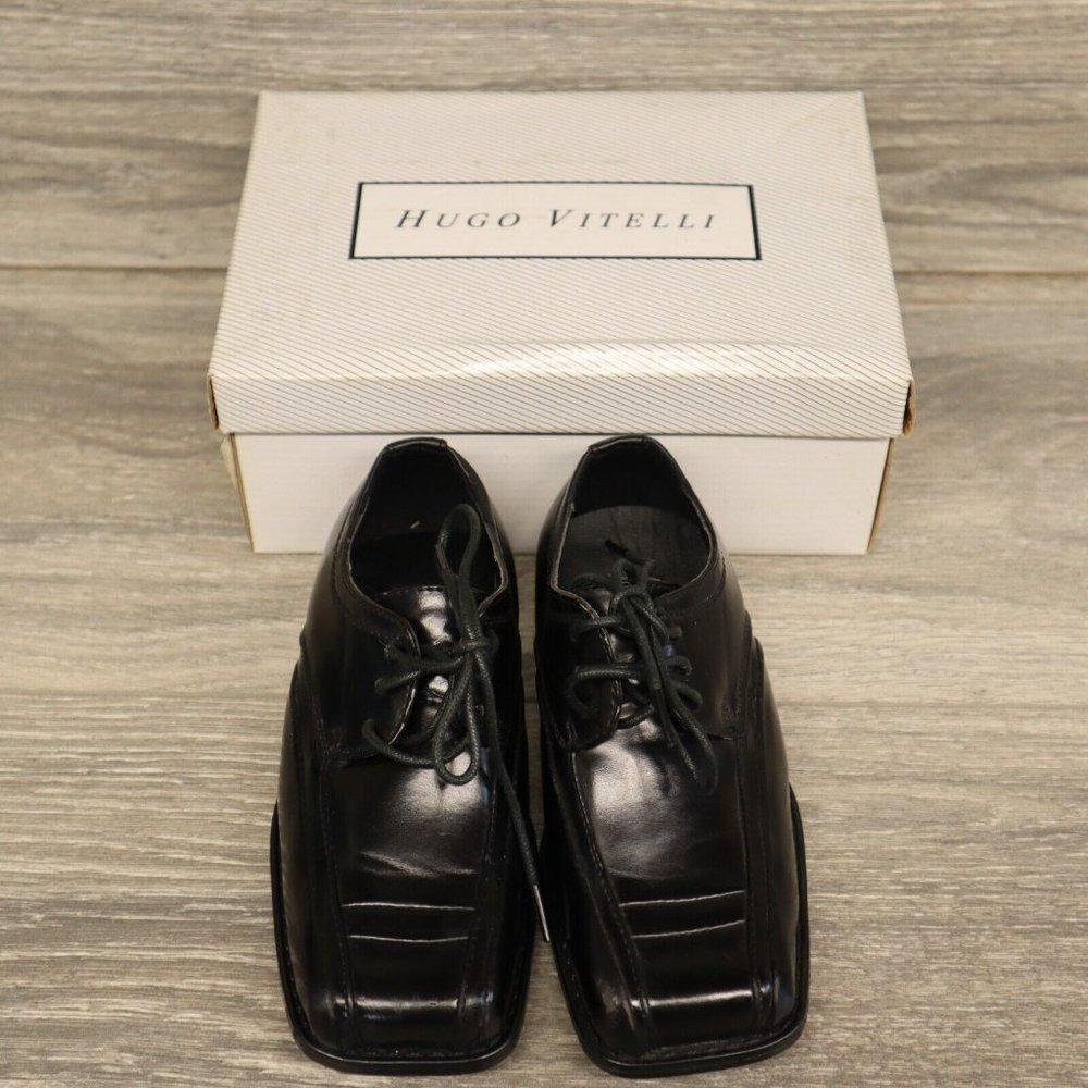 Hugo Vitelli Boys Youth Black Square Toe Dress Shoes K984 Size 8.5 NOS